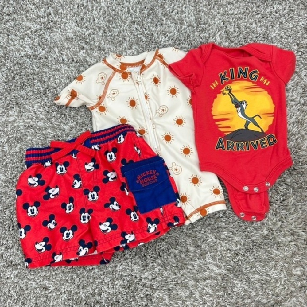 Disney Baby Mickey Mouse Pooh Lion King Outfit Set 0-3 Month Swimsuit Hat Bundle